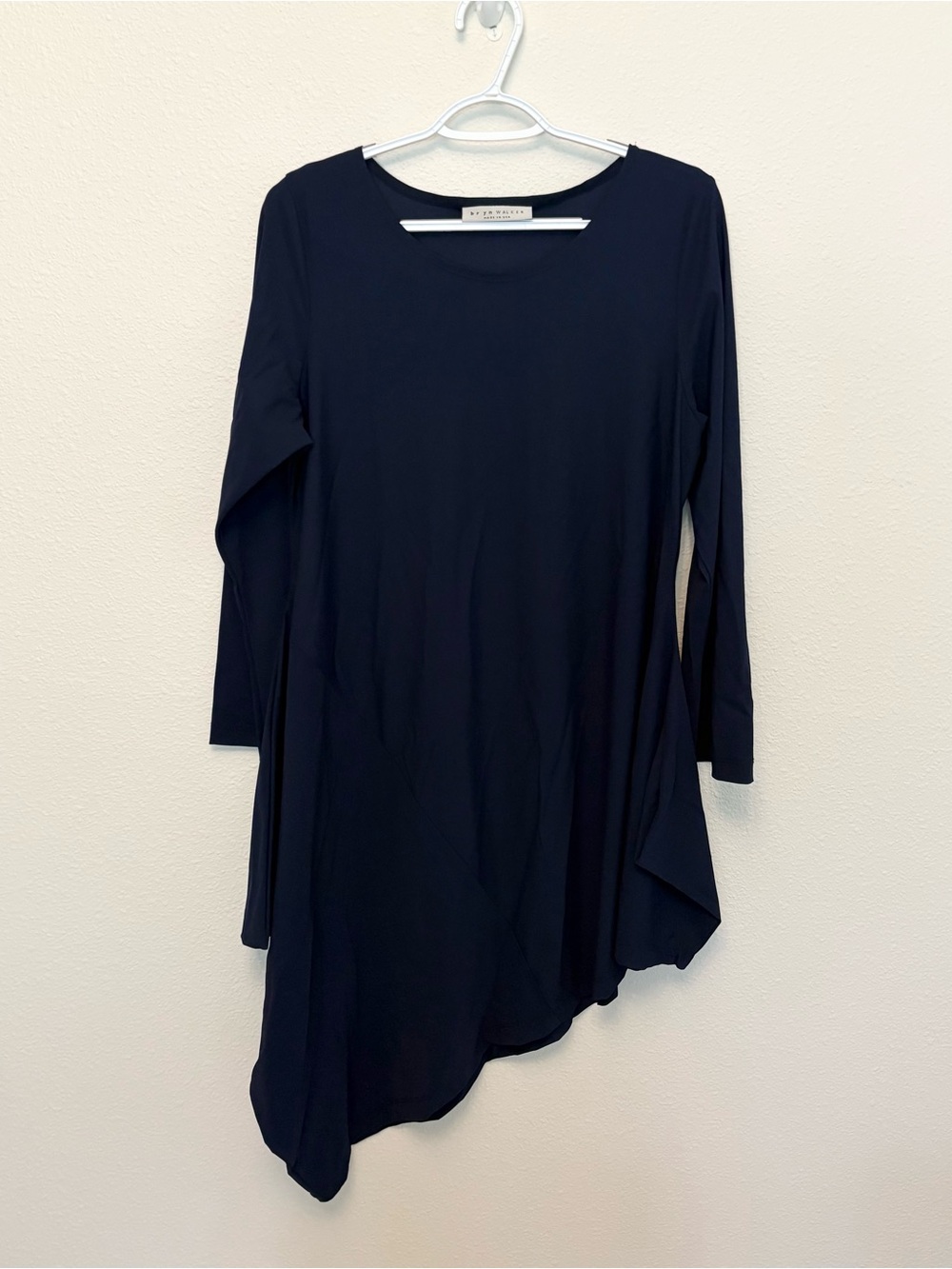 Bryn Walker Asymmetric Tunic Dress Size M Navy Nylon Blend Lagenlook Scoop Neck
